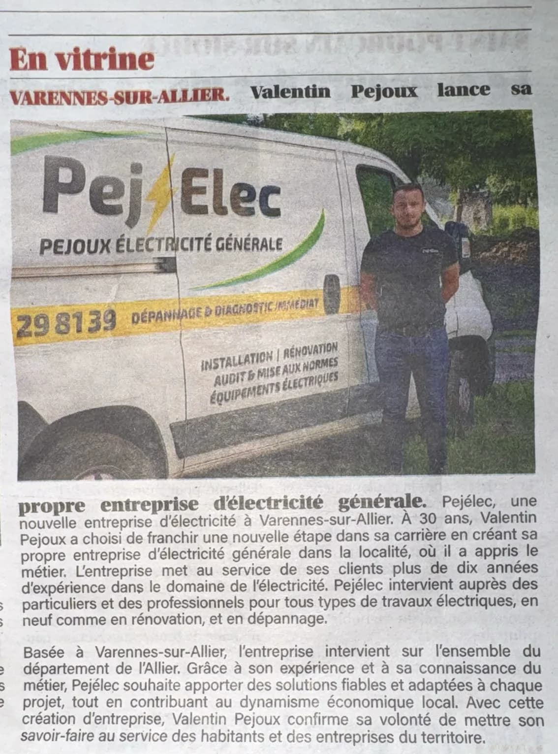 Article de presse consacré à la création de PEJELEC par Valentin Pejoux